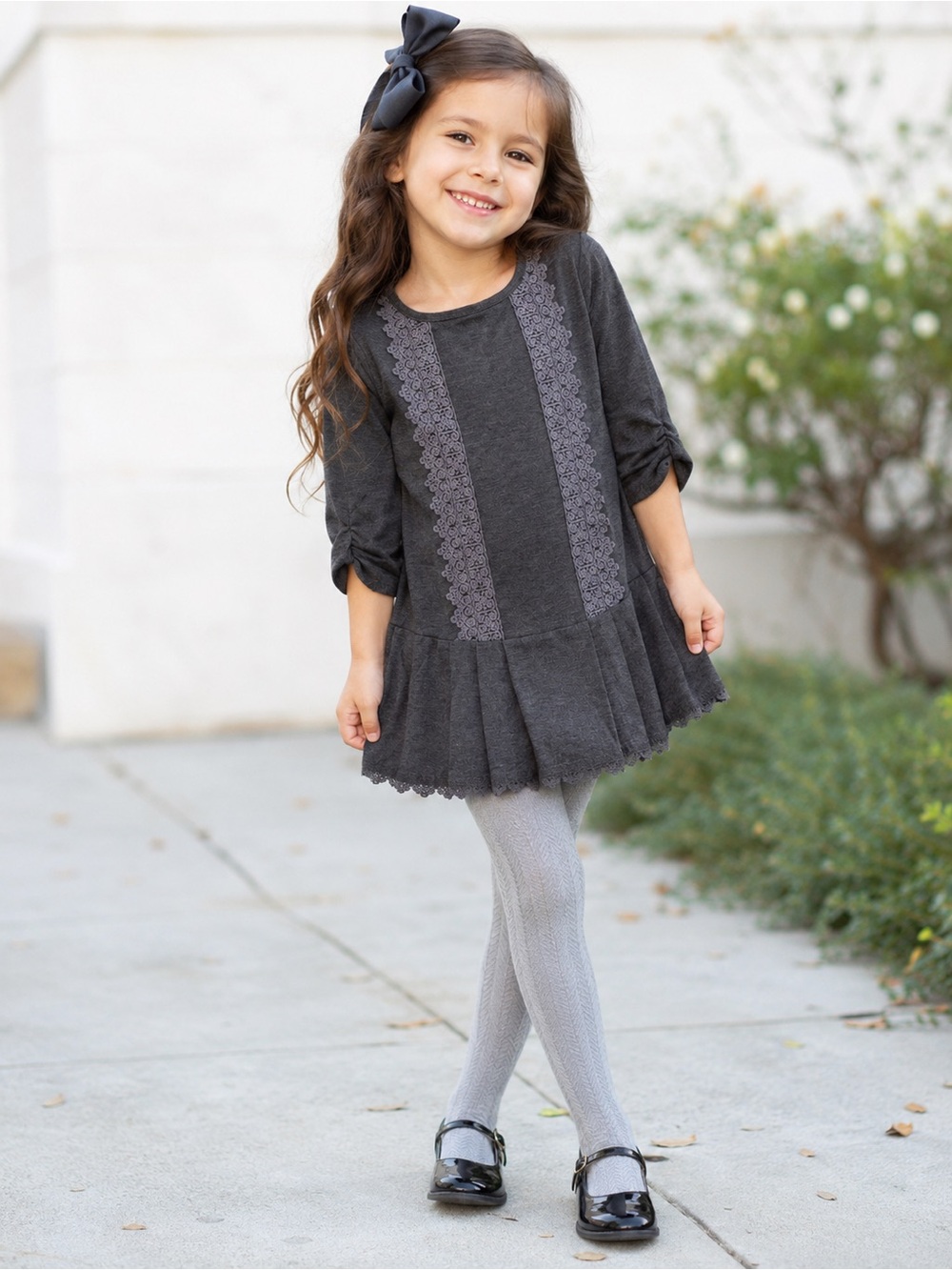 Ella Moss Girls Heather Gray Pleated Drop Waist Dress Embroidered Trim